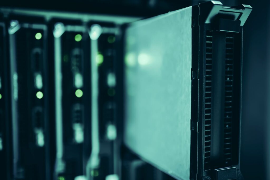 System administrator working on Linux terminal in a futuristic server room